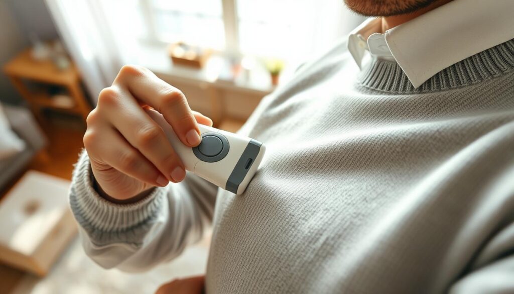 Using a lint removal tool on a sweater Using a lint removal tool on a sweater